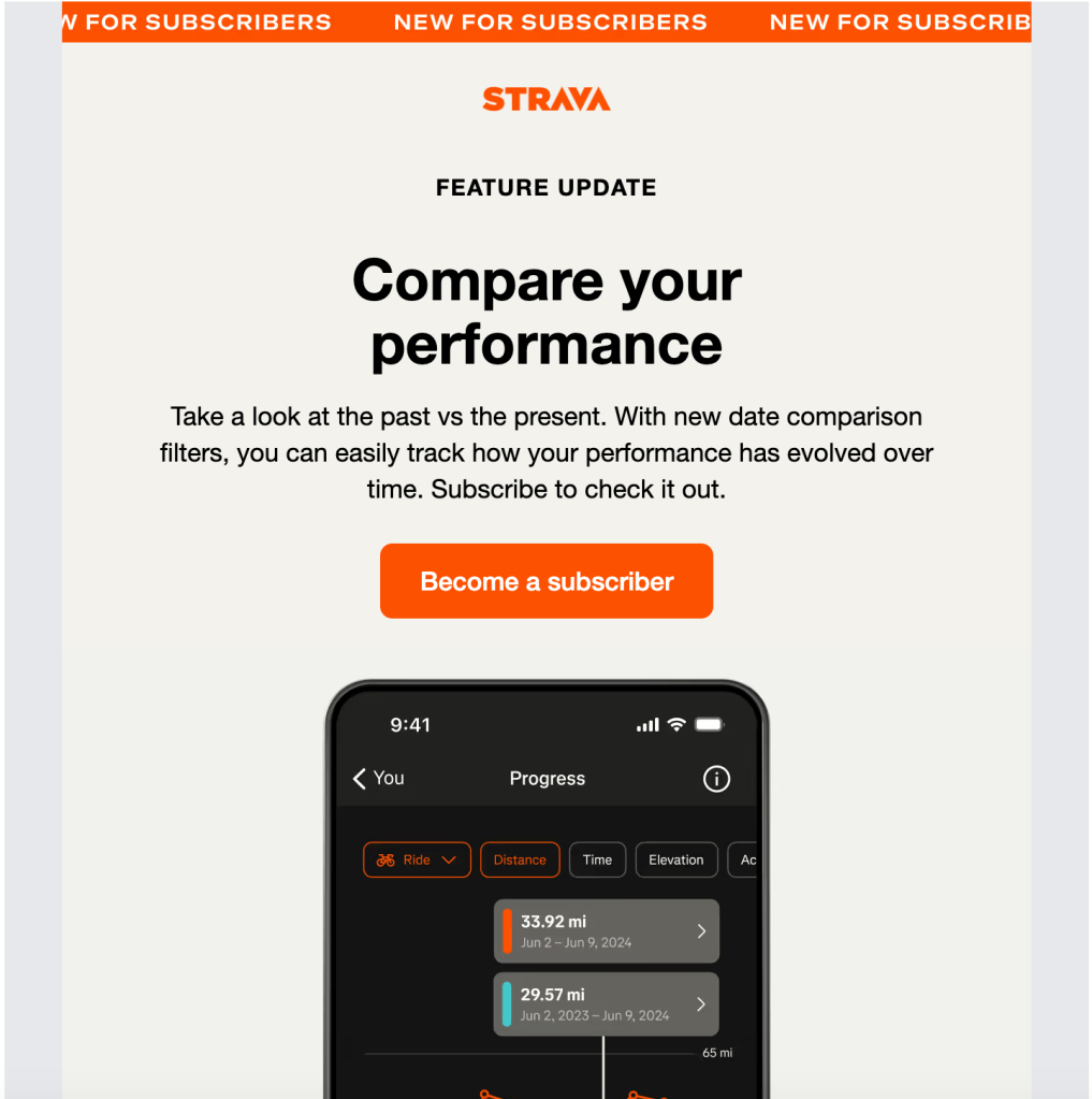 Email from Strava. Headline: Compare your performance. Body text: Take a look at the past vs the present. With new date comparison filters, you can easily track how your performance has evolved over time. Subscribe to check it out. Button CTA: Become a subscriber.